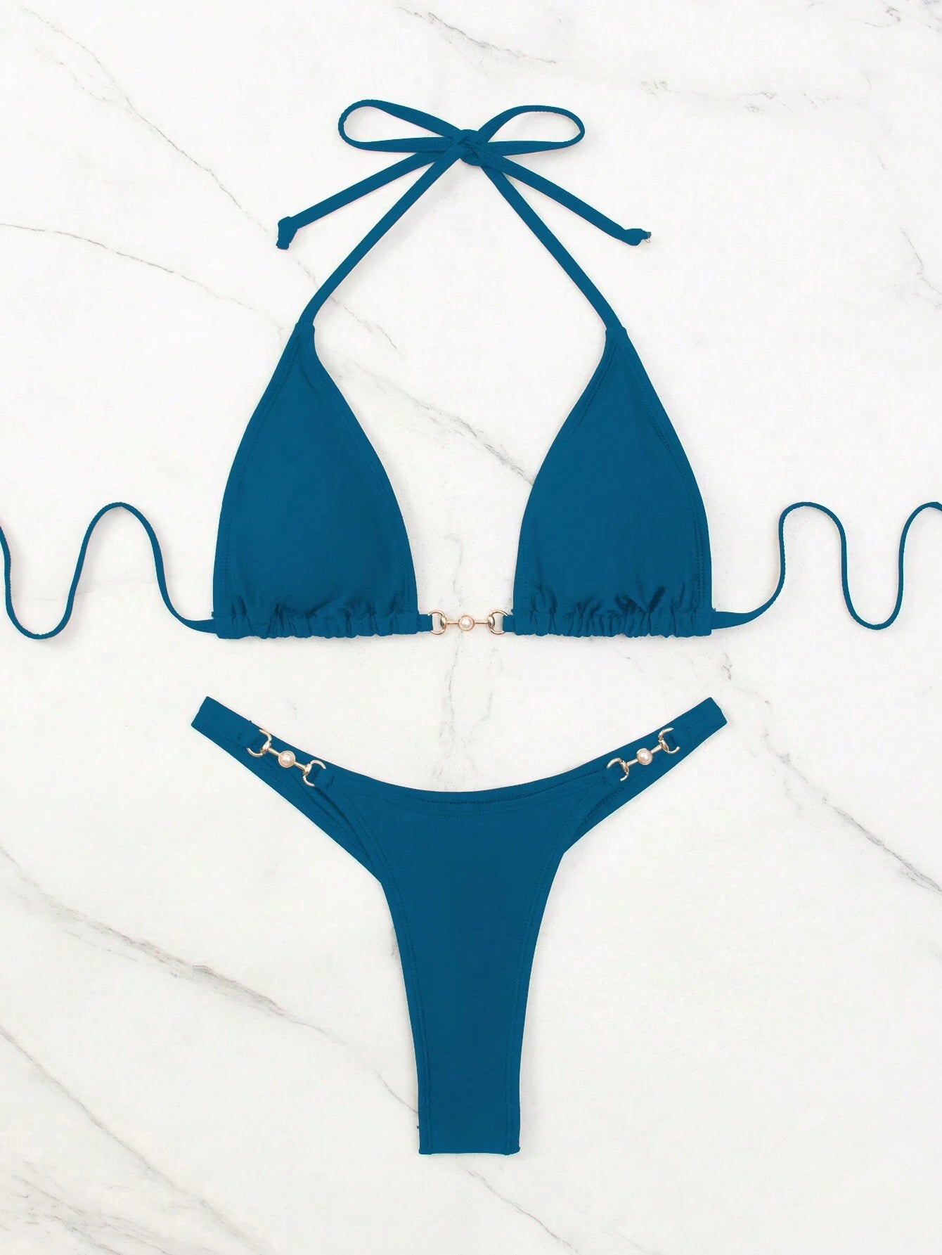 SHEIN Swim Summer Beach Chain Linked Halter Triangle Bikini Set