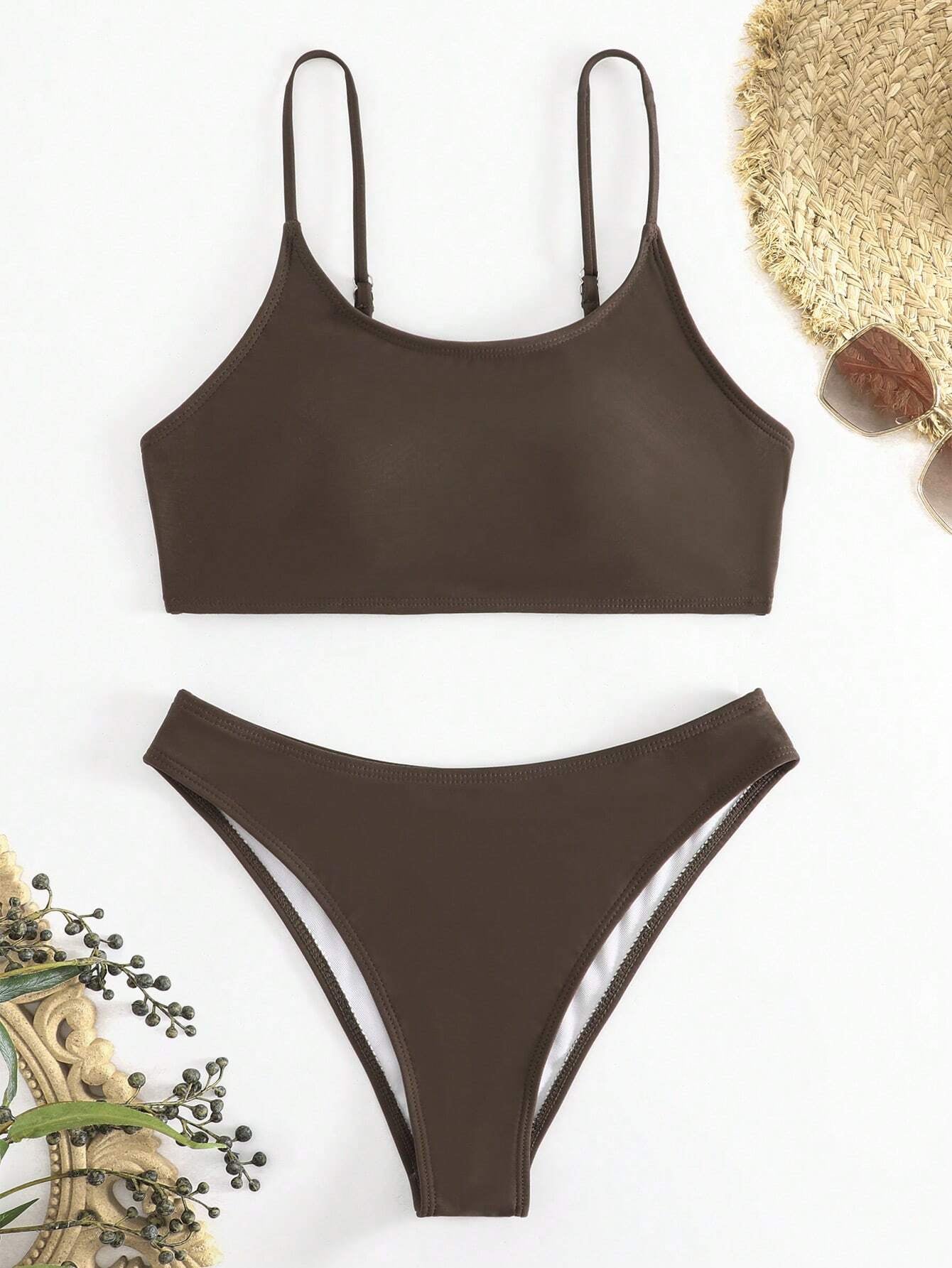 SHEIN Swim Basics Summer Beach Plain High Cut Bikini Set