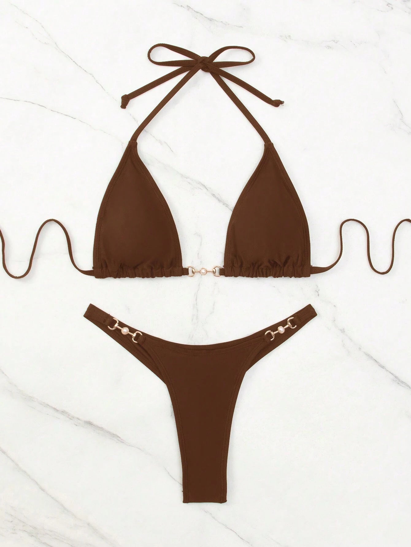 SHEIN Swim Summer Beach Chain Linked Halter Triangle Bikini Set