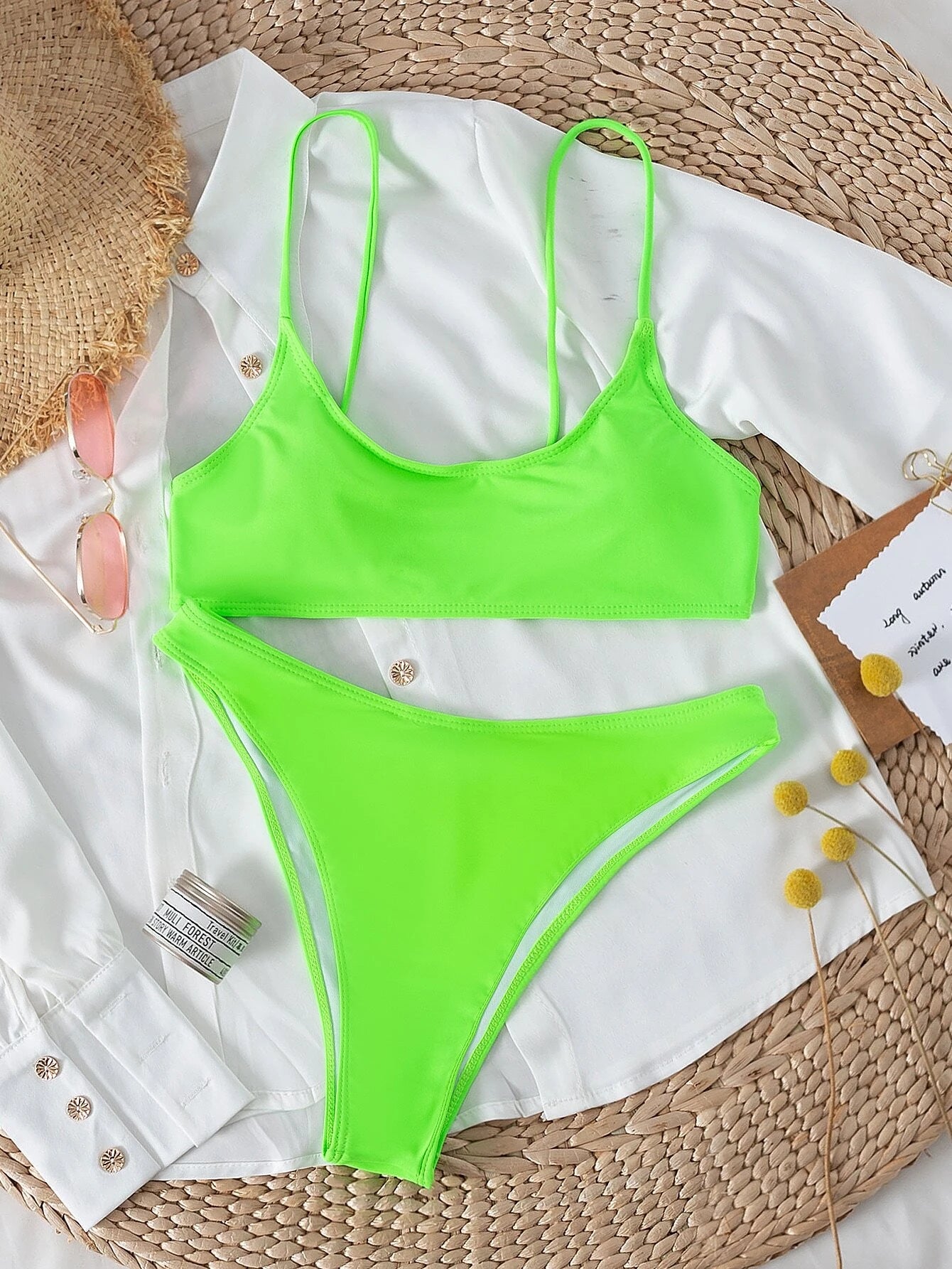 SHEIN Swim Basics Summer Beach Plain High Cut Bikini Set