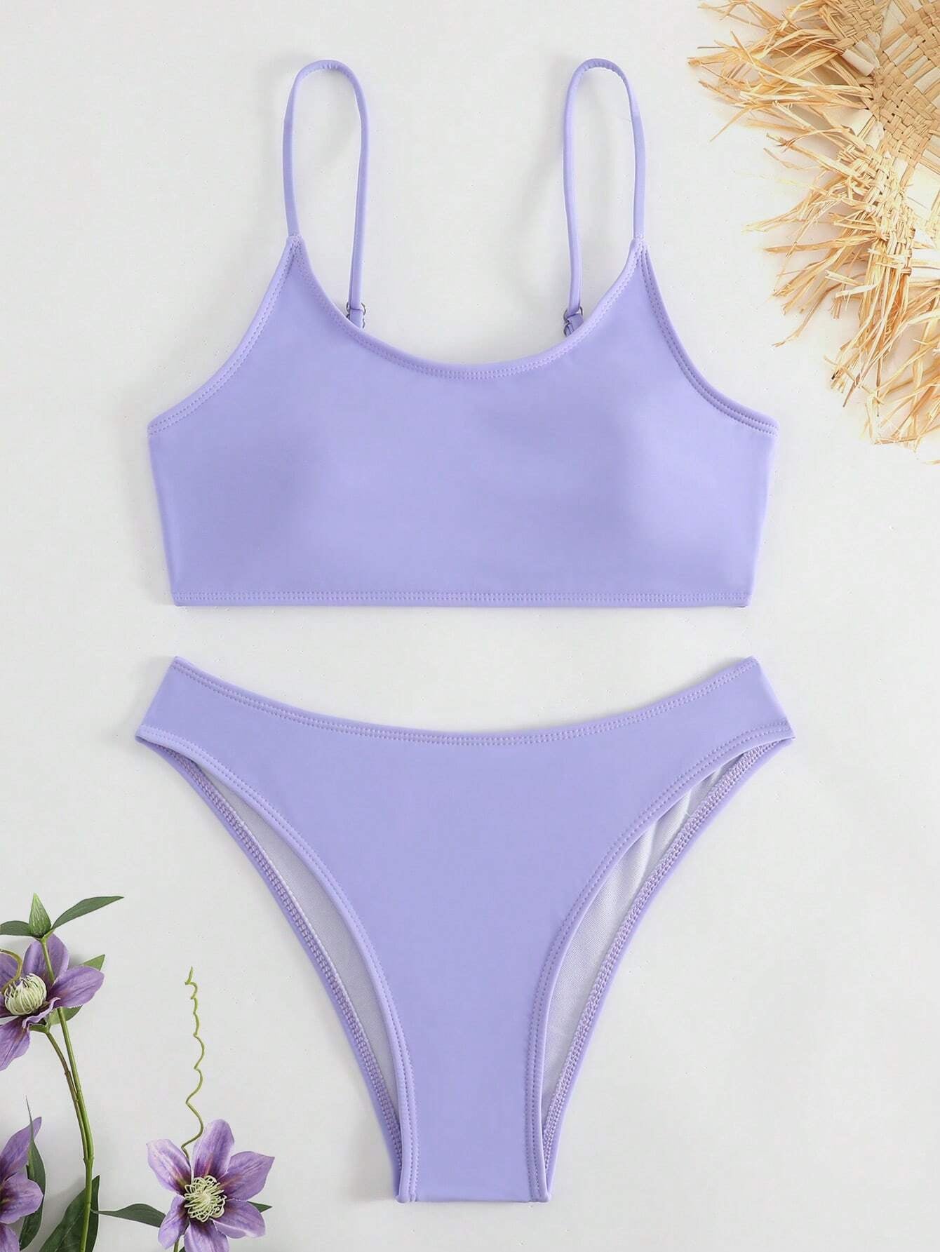 SHEIN Swim Basics Summer Beach Plain High Cut Bikini Set