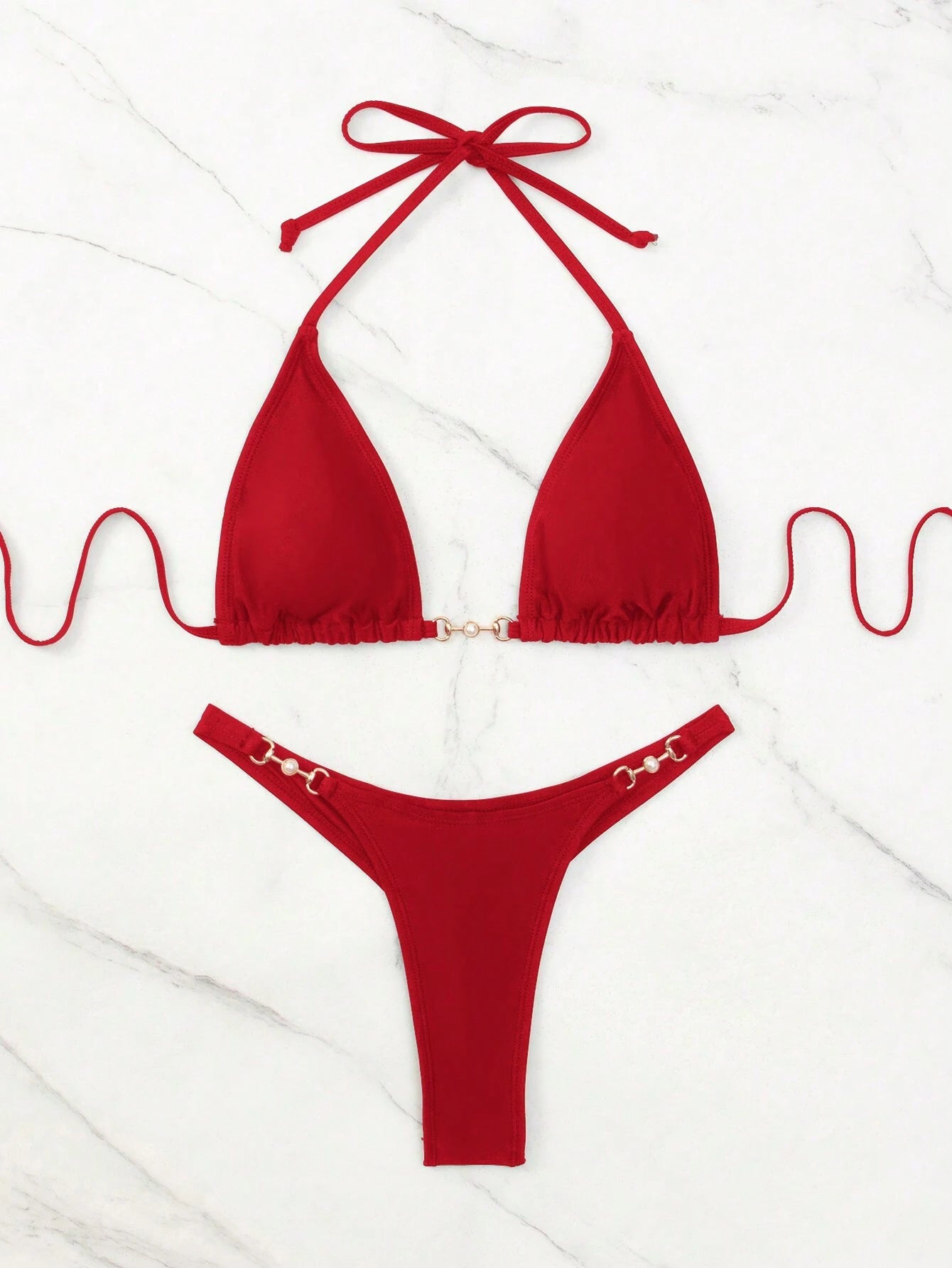 SHEIN Swim Summer Beach Chain Linked Halter Triangle Bikini Set
