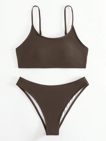 SHEIN Swim Basics Summer Beach Plain High Cut Bikini Set