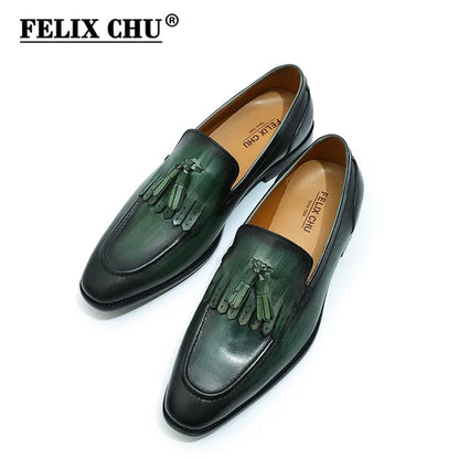 Autumn Genuine Leather Handmade Black Green Mens Loafers with Tassel Man Dress Shoes Wedding Moccasin Party Footwear