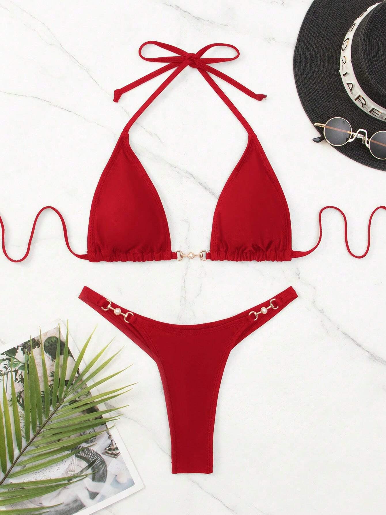 SHEIN Swim Summer Beach Chain Linked Halter Triangle Bikini Set