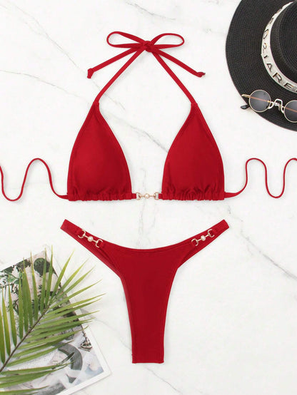 SHEIN Swim Summer Beach Chain Linked Halter Triangle Bikini Set
