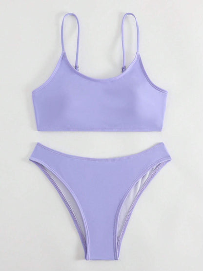 SHEIN Swim Basics Summer Beach Plain High Cut Bikini Set
