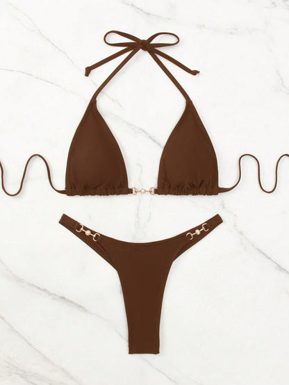 SHEIN Swim Summer Beach Chain Linked Halter Triangle Bikini Set