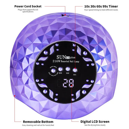 216W Nail Dryer UV LED Nail Lamp for Curing All Gel Nail Polish with Motion Sensing Professional Manicure Salon Tool Equipment