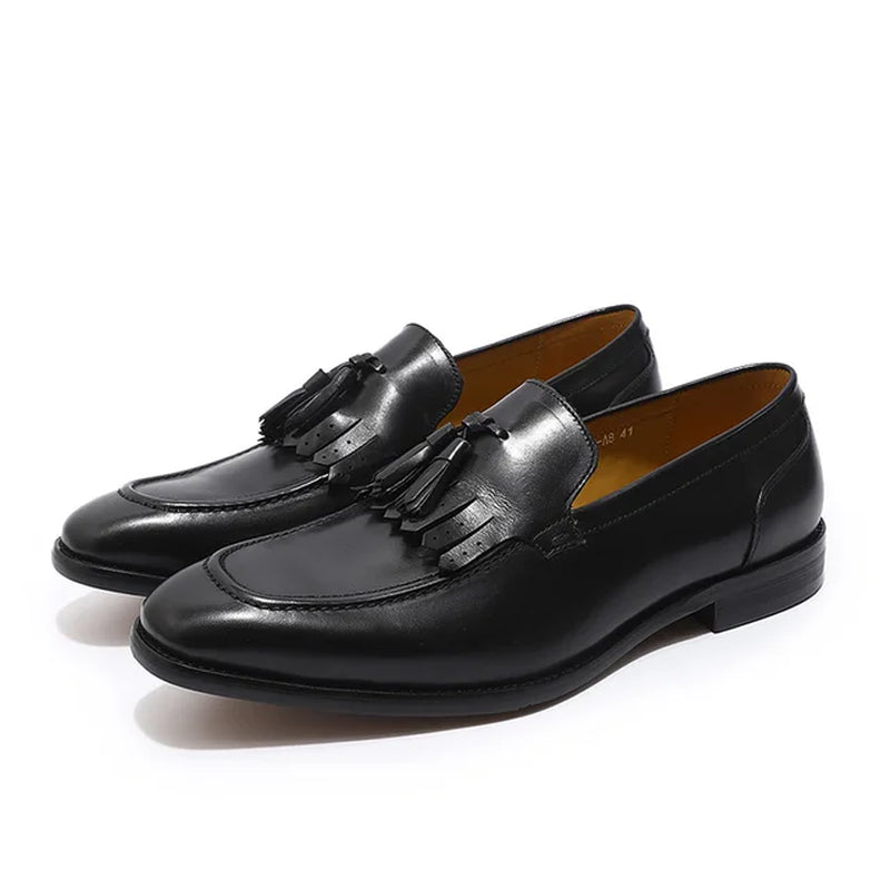 Autumn Genuine Leather Handmade Black Green Mens Loafers with Tassel Man Dress Shoes Wedding Moccasin Party Footwear