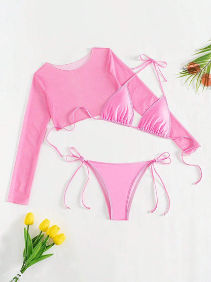 SHEIN Swim Summer Beach 3Packs Solid Halter Triangle Bikini & Cover up Top