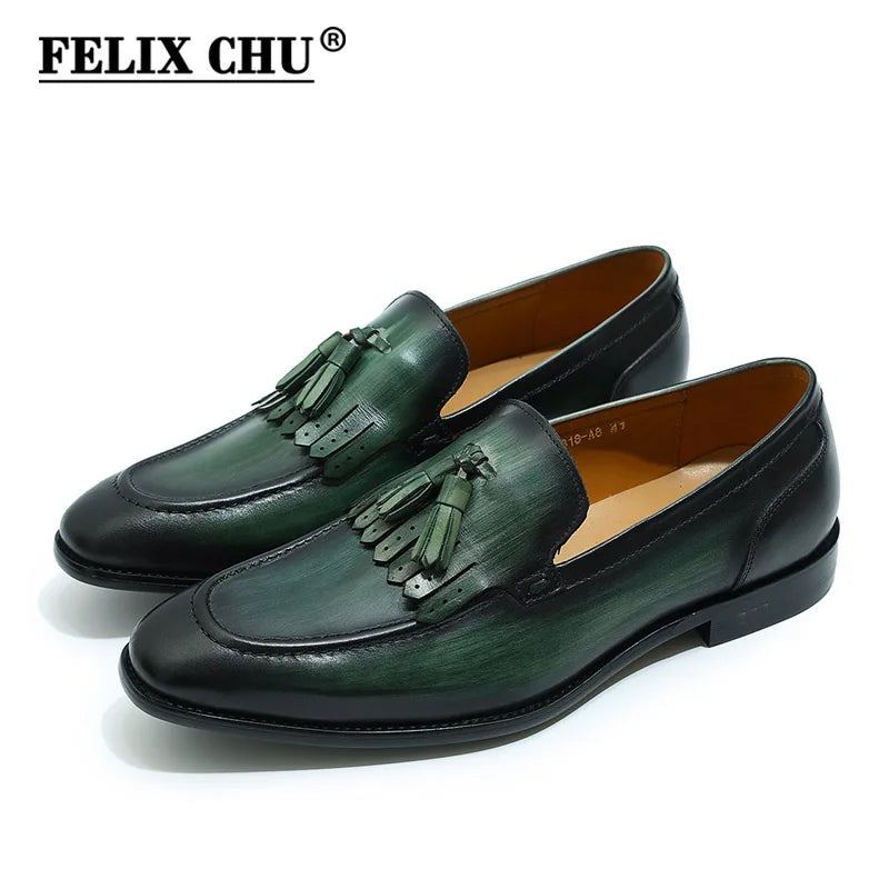 Autumn Genuine Leather Handmade Black Green Mens Loafers with Tassel Man Dress Shoes Wedding Moccasin Party Footwear