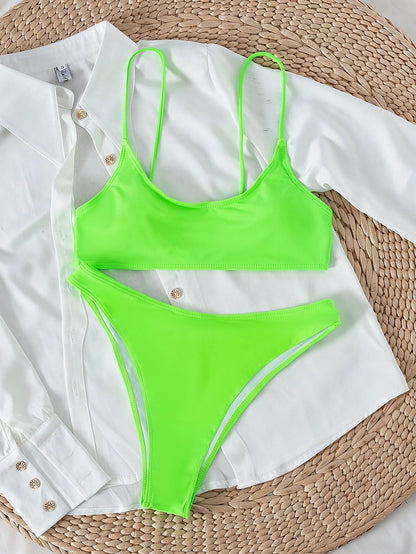 SHEIN Swim Basics Summer Beach Plain High Cut Bikini Set