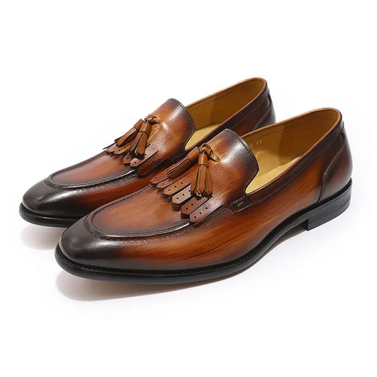 Autumn Genuine Leather Handmade Black Green Mens Loafers with Tassel Man Dress Shoes Wedding Moccasin Party Footwear