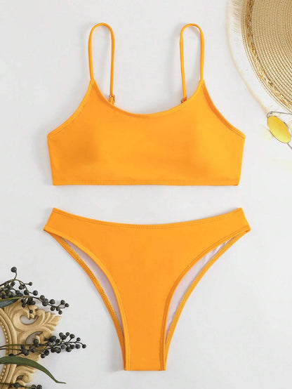 SHEIN Swim Basics Summer Beach Plain High Cut Bikini Set