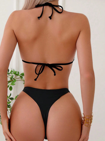 SHEIN Swim Summer Beach Chain Linked Halter Triangle Bikini Set