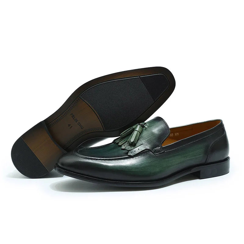 Autumn Genuine Leather Handmade Black Green Mens Loafers with Tassel Man Dress Shoes Wedding Moccasin Party Footwear
