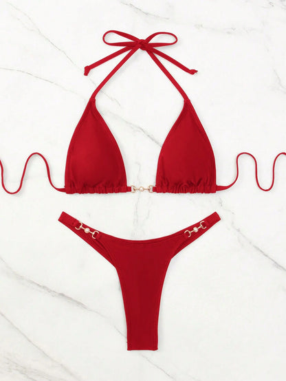 SHEIN Swim Summer Beach Chain Linked Halter Triangle Bikini Set