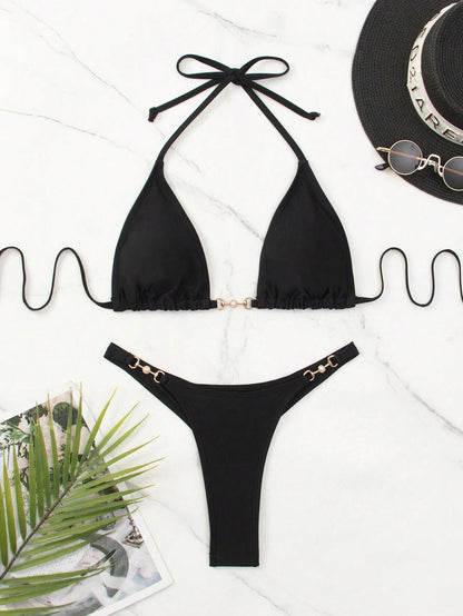 SHEIN Swim Summer Beach Chain Linked Halter Triangle Bikini Set
