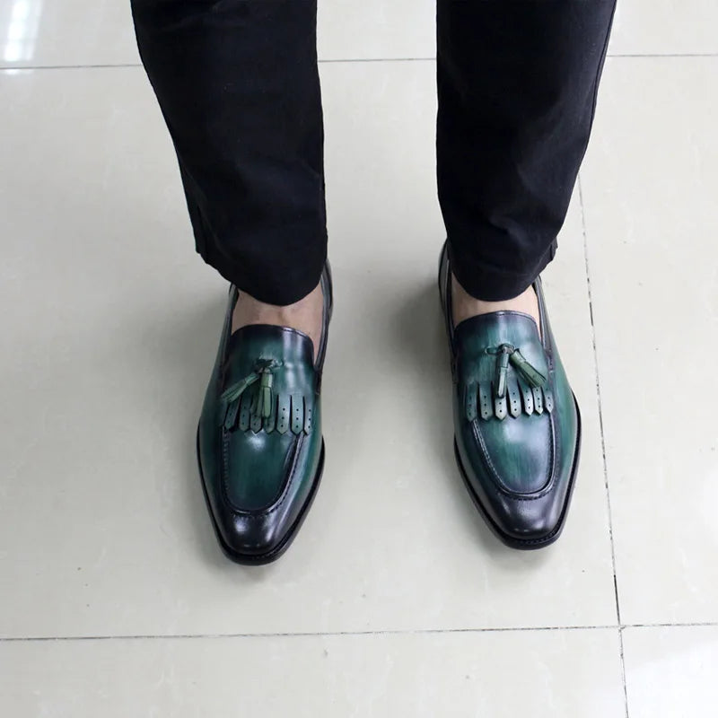 Autumn Genuine Leather Handmade Black Green Mens Loafers with Tassel Man Dress Shoes Wedding Moccasin Party Footwear