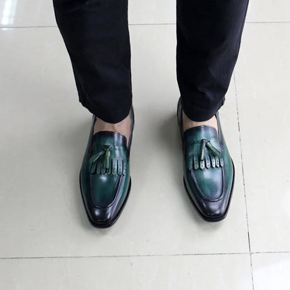 Autumn Genuine Leather Handmade Black Green Mens Loafers with Tassel Man Dress Shoes Wedding Moccasin Party Footwear