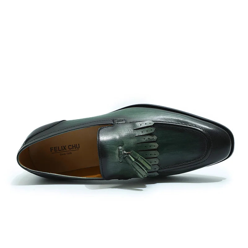 Autumn Genuine Leather Handmade Black Green Mens Loafers with Tassel Man Dress Shoes Wedding Moccasin Party Footwear